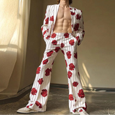 Men's Floral Print Striped Blazer Suit – Trendy Two-Piece Set with Wide-Leg Pants
